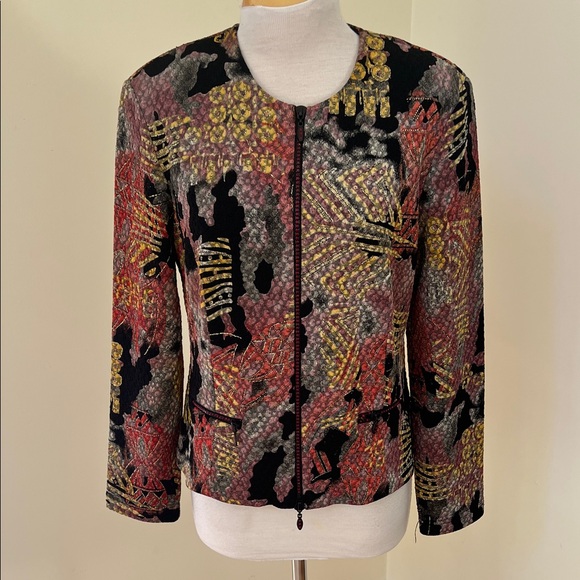 Joseph Ribkoff Sz 12 vintage printed veston jacket with rhinestone zipper.
